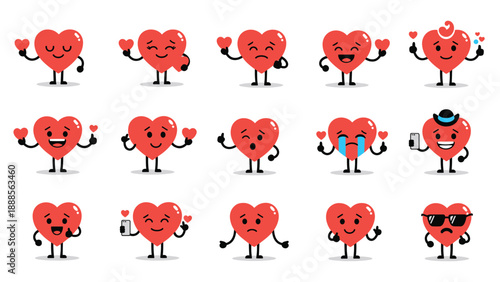 Collection of fifteen red heart characters with diverse facial expressions and accessories representing various romantic and social emotions.