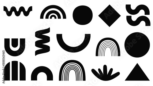 Large set of diverse black abstract geometric shapes including rainbows, waves, circles, and arches for modern graphic design compositions.