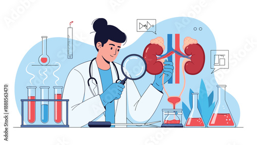 Female medical professional using a magnifying glass to inspect a human kidney model in a laboratory filled with scientific test tubes.
