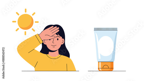 Woman protecting her face from the bright sun next to a tube of sunscreen as a reminder for skin protection and UV safety during summer.
