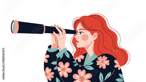 Woman with long red hair wearing a floral patterned shirt looking through a telescope towards the future or exploring new horizons.