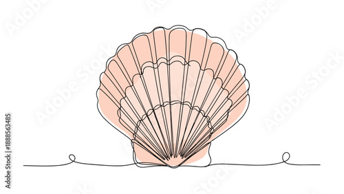 Elegant continuous line drawing of a seashell with a soft pink watercolor background shape on a clean white field for a coastal theme.