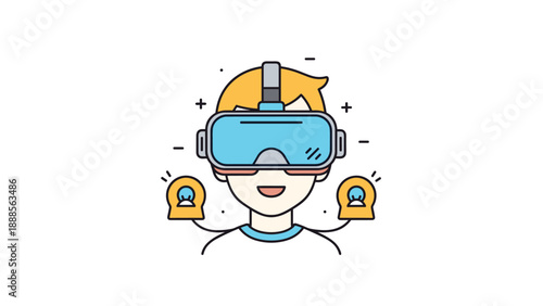 Young man experiencing virtual reality wearing a vr headset and holding motion controllers in a modern flat illustration style.