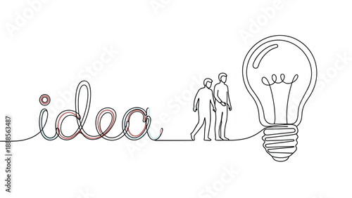 Continuous line drawing connecting the word idea with two human figures and a large glowing light bulb to symbolize collaborative innovation.