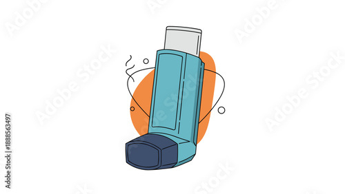 Medical illustration of an asthma inhaler for respiratory treatment set against a vibrant orange abstract shape and decorative elements.