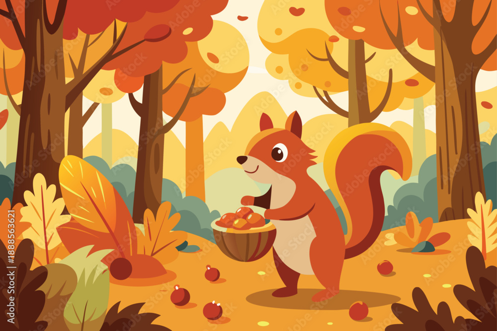 Fototapeta premium Squirrel Gathering Nuts In Golden Autumn Forest