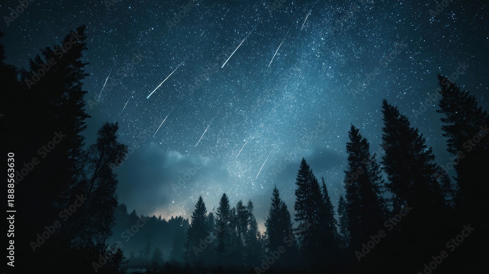 Fototapeta premium Majestic meteor shower over a silhouetted pine forest under a brilliant starry night sky