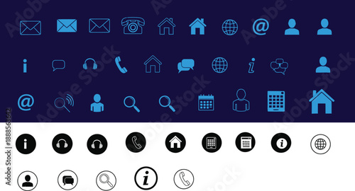Communication icons collection including messaging, smartphone, notification, contact, online meeting, speech bubble and network connection in clean vector design