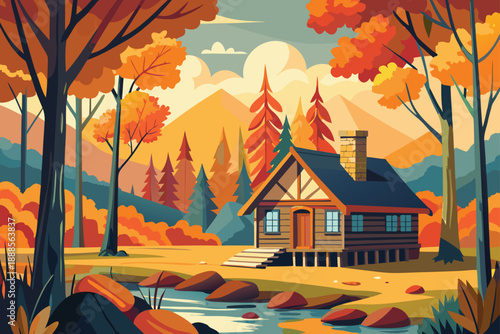 Watercolor Painting Style Of Fall Foliage And Cabin