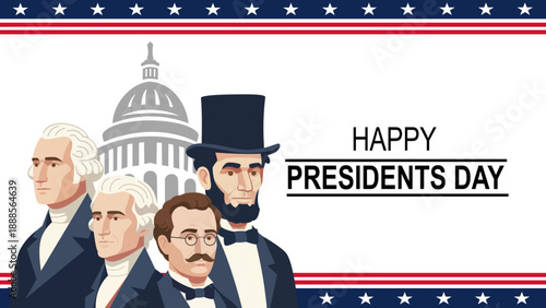 Happy Presidents Day Flat Vector Illustration of American Founding Fathers with Capitol Building