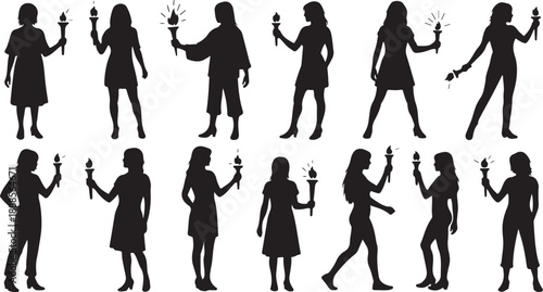 Silhouettes of women using smartphones in various poses and settings