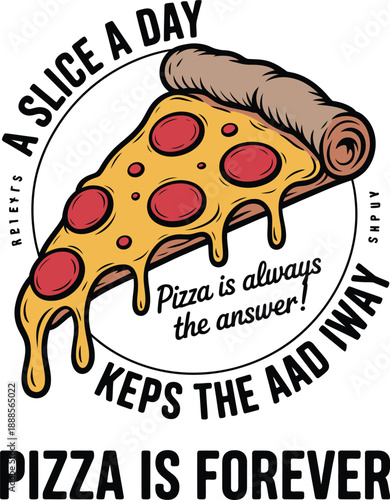 Colorful pizza slice with text about pizza pepperoni