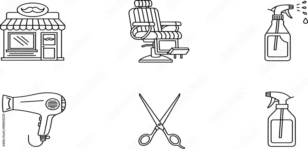 Fototapeta premium Barber shop and hair salon line icon set featuring storefront barber chair spray bottle hair dryer scissors and water mister,