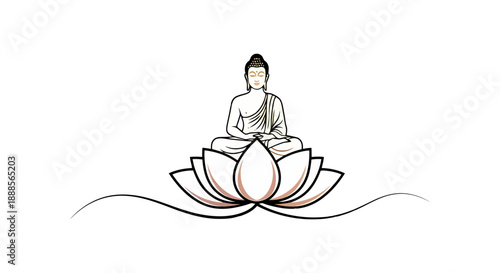 Serene Buddha meditating on a lotus flower line art illustration.