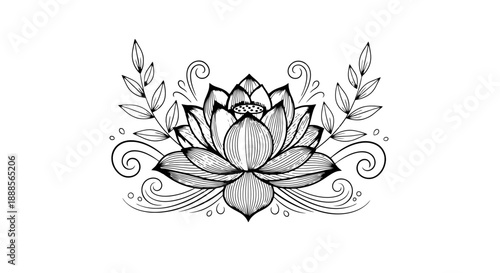 Elegant Hand Drawn Lotus Flower with Ornate Swirls and Leaves.