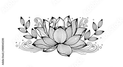 Elegant Hand Drawn Lotus Flower with Decorative Leaves and Swirls.