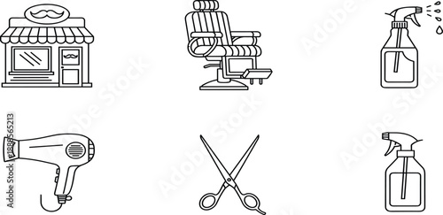 Barber shop and hair salon line icon set featuring storefront barber chair spray bottle hair dryer scissors and water mister,