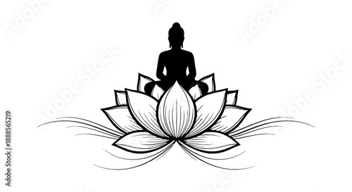Silhouette of Buddha meditating on a lotus flower with flowing lines.