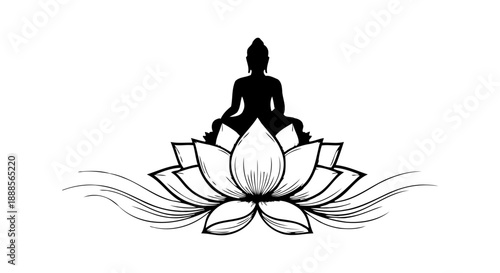Serene Buddha silhouette meditating on a blooming lotus flower, spiritual tranquility.