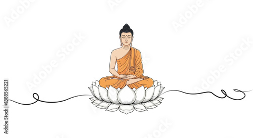 Serene Buddha statue meditating on a lotus flower with flowing lines.
