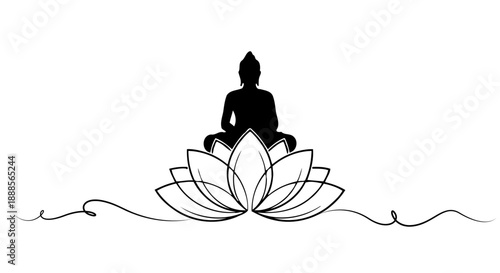 Meditating Buddha silhouette on a lotus flower line art.