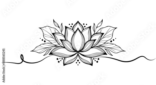 Elegant Hand Drawn Lotus Flower with Delicate Leaves and Swirls.