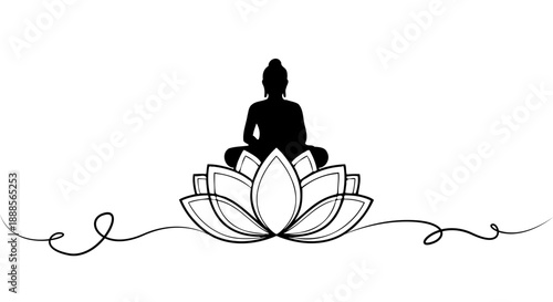 Meditating Buddha silhouette on a continuous line lotus flower.