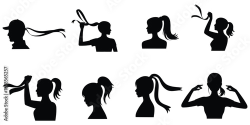 minimal black silhouette icons of women and men with flowing hair and ribbons for beauty, fashion, styling, and awareness symbolism.