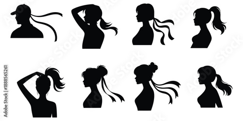 minimal black silhouette icons of women and men with flowing hair and ribbons for beauty, fashion, styling, and awareness symbolism.