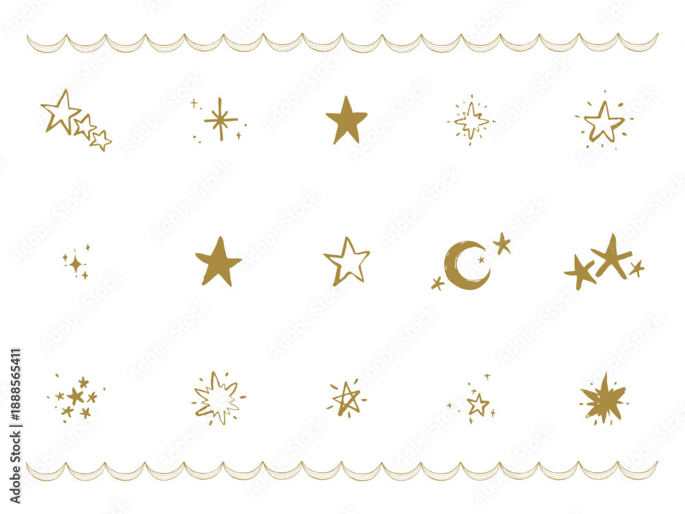 Obraz premium Hand drawn star and crescent moon icon set in gold with wavy frame lines and sparkles