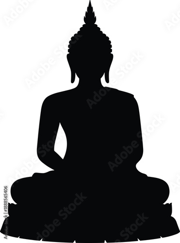 Black silhouette of a meditating Buddha statue on a lotus base, representing peace, spirituality, and enlightenment