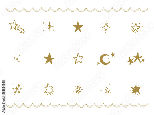 Hand drawn star and crescent moon icon set in gold with wavy frame lines and sparkles