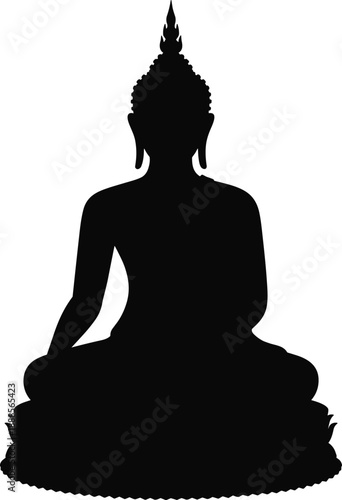 Black silhouette of a meditating Buddha statue on a lotus base, representing peace, spirituality, and enlightenment