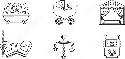 Baby care and nursery icon set featuring an infant in a bubble bath, baby stroller, stage curtains, winter mittens, hanging crib mobile, and a digital baby monitor.