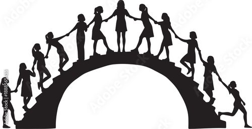 Silhouette of people helping each other on a bridge