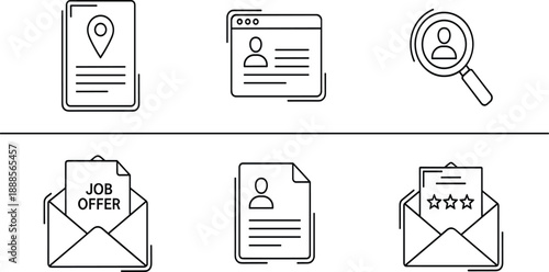Job recruitment and employment line icon set featuring job offers, resumes, headhunting search, professional profiles, mail notifications, and location-based career hunting.