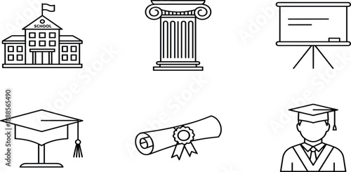 Education and graduation line icon set featuring school building, university pillar, classroom whiteboard, academic cap, diploma scroll, and graduate student profile.