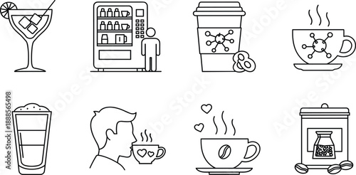 Coffee and beverage line icon set featuring hot espresso cups, take away containers, vending machines, brewing methods, and people enjoying drinks.