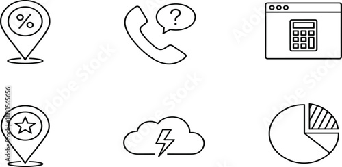 Line icon set featuring discount location pin, telephone customer support, web calculator, favorite place marker, storm cloud, and pie chart.