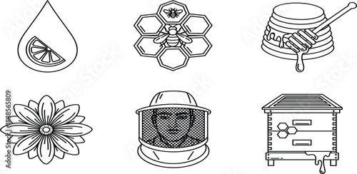Line icon set featuring honey drop, honeycomb pattern, honey dipper jar, flower blossom, bee smoker, and wooden beehive for beekeeping.