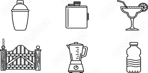 Line icon set featuring cocktail shaker, alcohol flask, martini glass, garden gate, kitchen blender, and plastic water bottle for lifestyle designs.