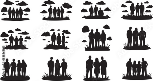 Silhouettes of people standing together in various group settings