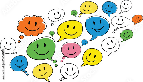 Colorful speech and thought bubbles with smiling faces, cheerful emotions, friendly communication, cartoon design, positive interaction concept