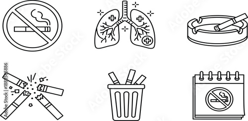 Anti Smoking Icon Set Featuring Human Lungs No Smoking Sign Broken Cigarettes and Calendar for World No Tobacco Day Health Awareness,