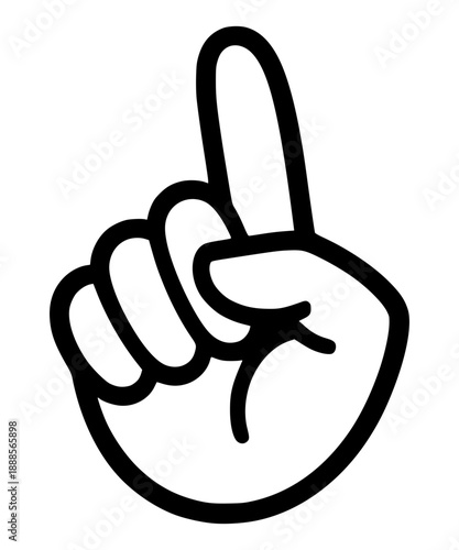 A clean, bold black line art illustration of a hand with the index finger pointing upwards. This minimalist icon features smooth, rounded lines and a thick stroke