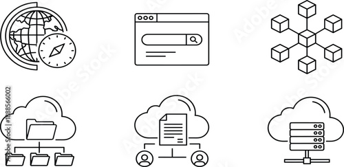 Set of technology line icons featuring global network connection, search engine interface, blockchain nodes, cloud storage, and shared server database.