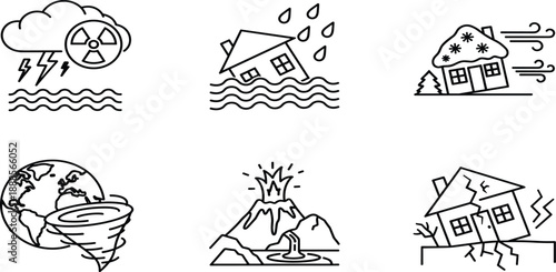 Natural disaster line icon set featuring nuclear storm, flood house, hurricane wind, global drought, volcanic eruption, and earthquake house damage.