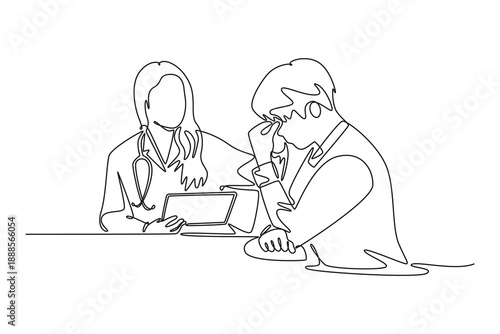 Depressed man consulting his health problem with female doctor. Doctor visit and consul concept. Single line draw design. Full length animation illustration. High quality 4k footage