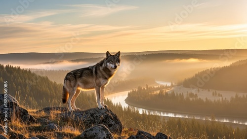 A portrait of a cute Siberian husky pet, a white and black canine friend standing as a domestic animal on a mountain against a nature sunset