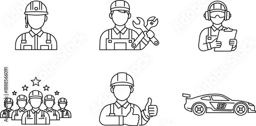 Minimalist engineering line icon set featuring industrial worker, mechanic with wrench, technician, expert team, thumbs up foreman, and sports car.